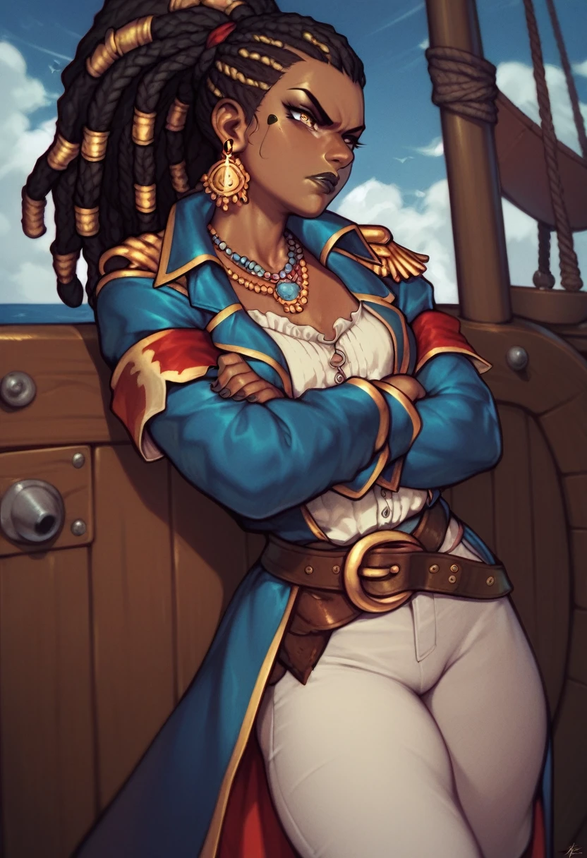 black pirate woman with long dreadlocks tied in a ponytail, black lipstick, yellow eyes clothes covered in blood, small breasts, blue coat, white pants, white oversized shirt, serious face, belts all over her body, stormy weather, dark sky, on ship, hands crossed, badass, golden earrings and necklaces