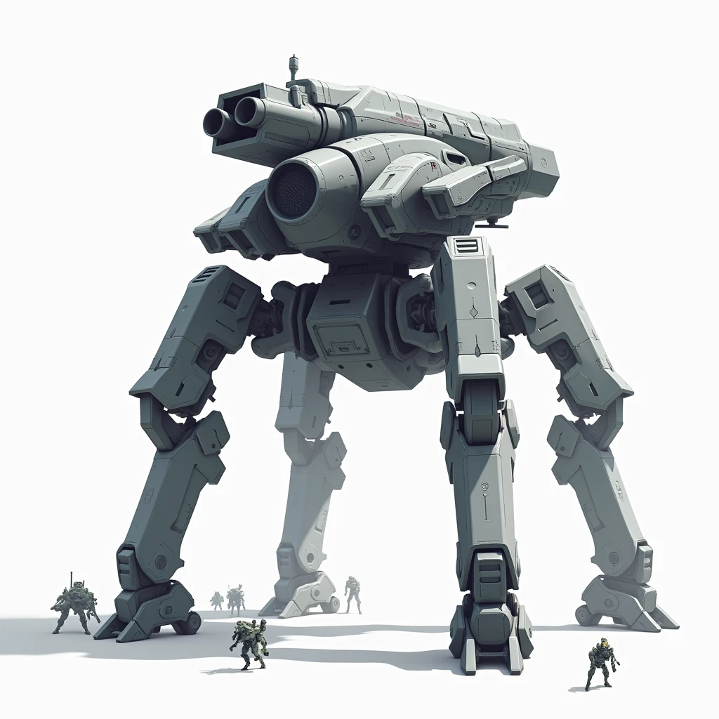 Four legged mech with a gun platform on its back, gigantic mech, surrounded by tiny mechs on the sides, full body frontal, simple_background, white_background, reggie steel, metallic, black sand, laser sight, owtech, sci-fi, stylized, ghibli, flat monochrome drawing, light and shadow realistic, cyberpunk, futuristic, digital art, best quality, graphic animation, sfw, starsector, sci-fi style, high-tech product, sci-fi, fantasy, very detailed detail, digital painting, Trends on artstation, concept art, sharp focus, illustration,