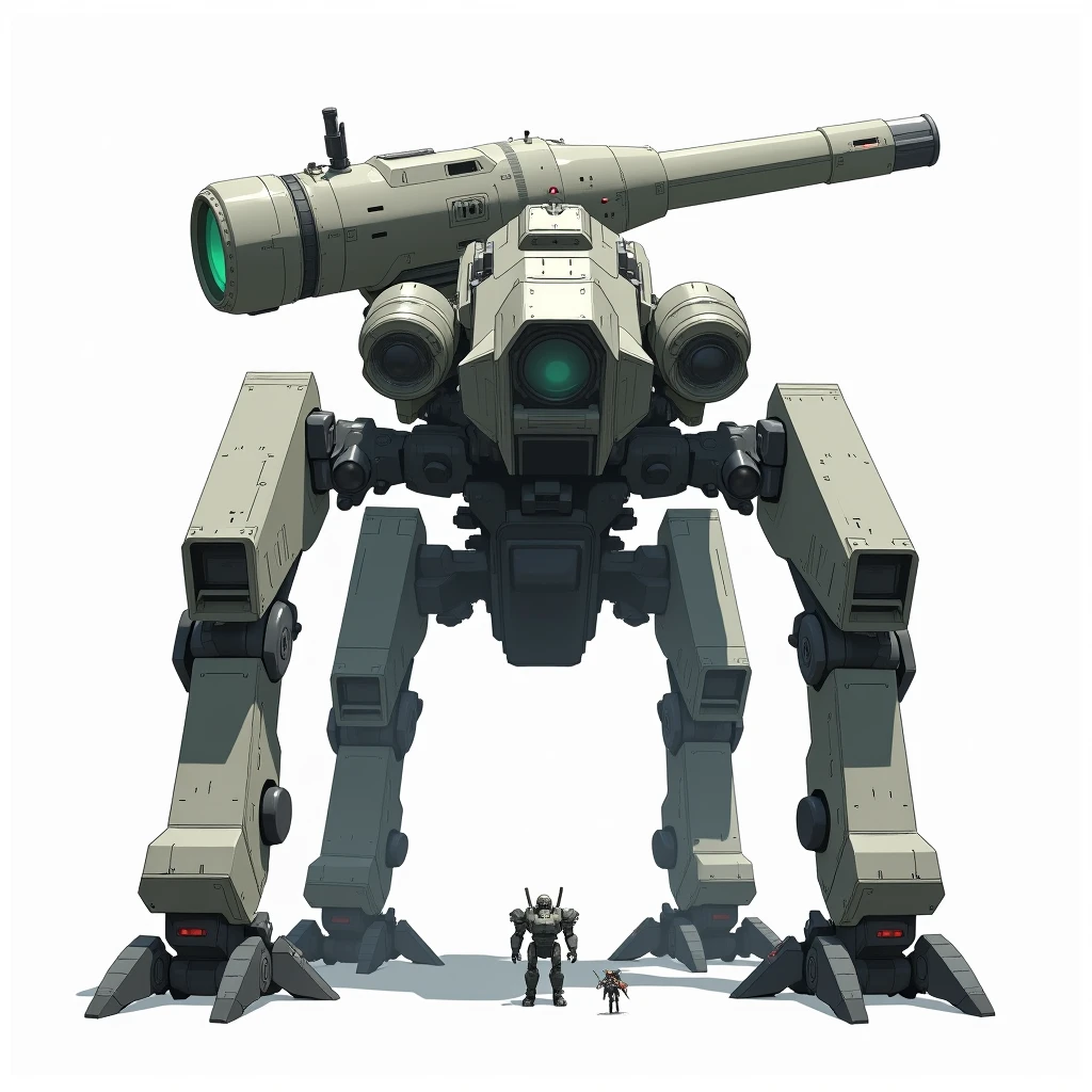 Four legged mech with a gun platform on its back, gigantic mech, surrounded by tiny mechs on the sides, full body frontal, simple_background, white_background, reggie steel, metallic, black sand, laser sight, owtech, sci-fi, stylized, ghibli, flat monochrome drawing, light and shadow realistic, cyberpunk, futuristic, digital art, best quality, graphic animation, sfw, starsector, sci-fi style, high-tech product, sci-fi, fantasy, very detailed detail, digital painting, Trends on artstation, concept art, sharp focus, illustration,