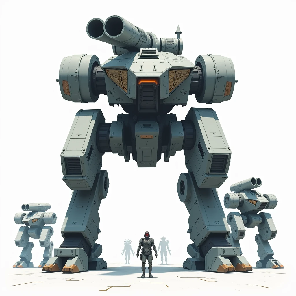 Four legged mech with a gun platform on its back, gigantic mech, surrounded by tiny mechs on the sides, full body frontal, simple_background, white_background, reggie steel, metallic, black sand, laser sight, owtech, sci-fi, stylized, ghibli, flat monochrome drawing, light and shadow realistic, cyberpunk, futuristic, digital art, best quality, graphic animation, sfw, starsector, sci-fi style, high-tech product, sci-fi, fantasy, very detailed detail, digital painting, Trends on artstation, concept art, sharp focus, illustration,