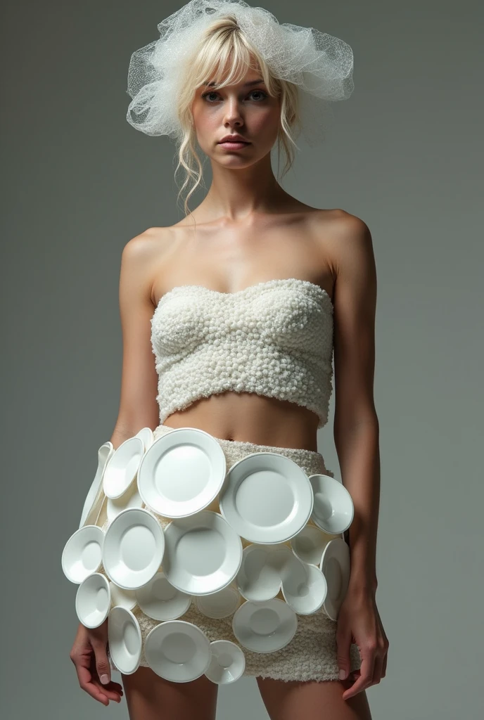 strapless bubble wrap outfit and short plastic plate skirt on woman