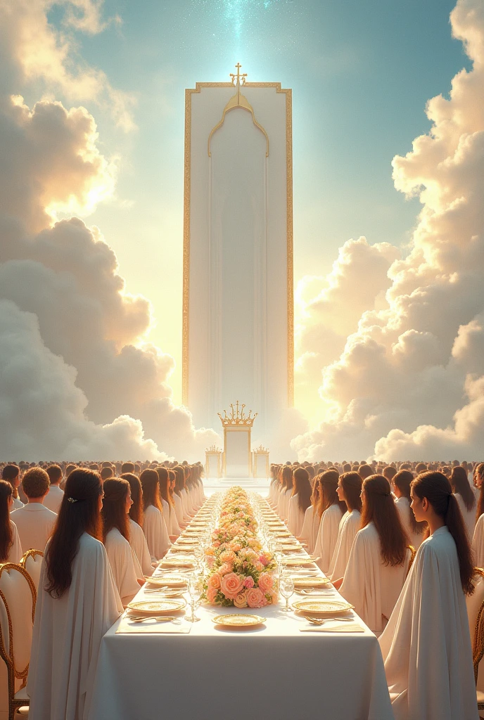 Create an extremely long table with a large white chair in the background with a white tablecloth and flower centerpieces, dressed up like for a wedding, with gold plates and cups, and golden chairs and men and women dressed in white robes coming to sit on the chairs among the clouds of the sky