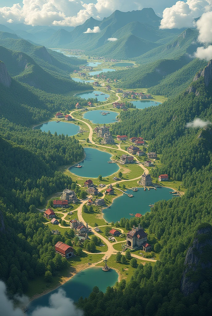 Create a large map, with lakes and communities, and forests
