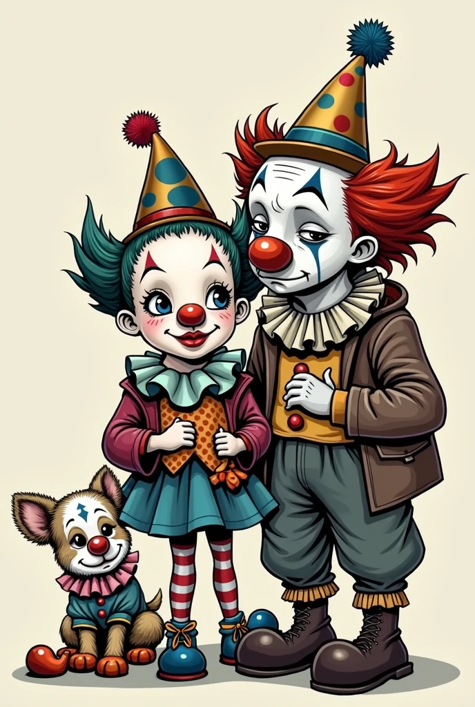 create a cartoon of a clown, black and white, sad man; a very colorful cheerful female clown, and a white and brown dog dressed as a clown.