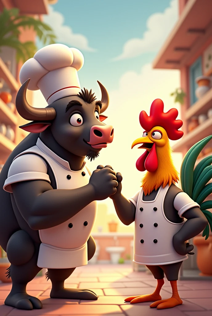 Animated image of a muscular buffalo chef with a rooster chef fist bumping in a friendship gesture