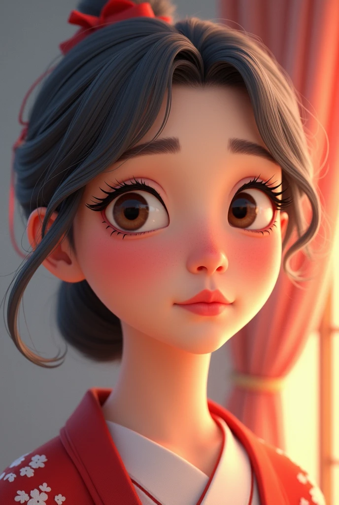 Pixar style image of a Japanese woman,, with tiny, slanted brown eyes , brunette skin ,gray hair , slickedback hair, at shoulder height , rounded face, Disney makeup
