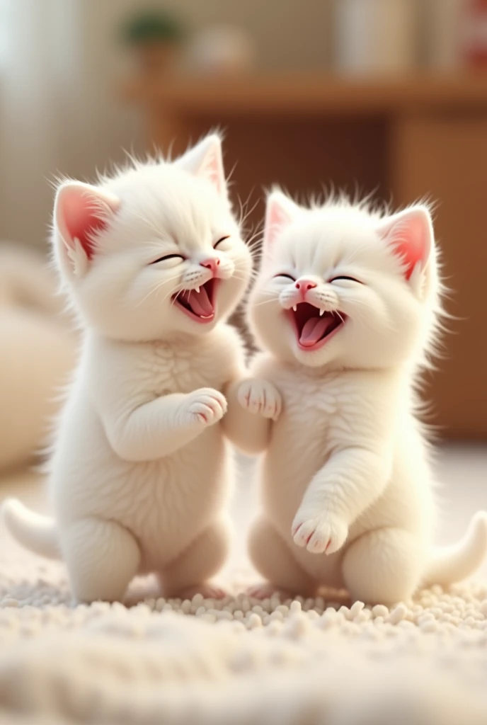 Two cute white kittens laughing happily