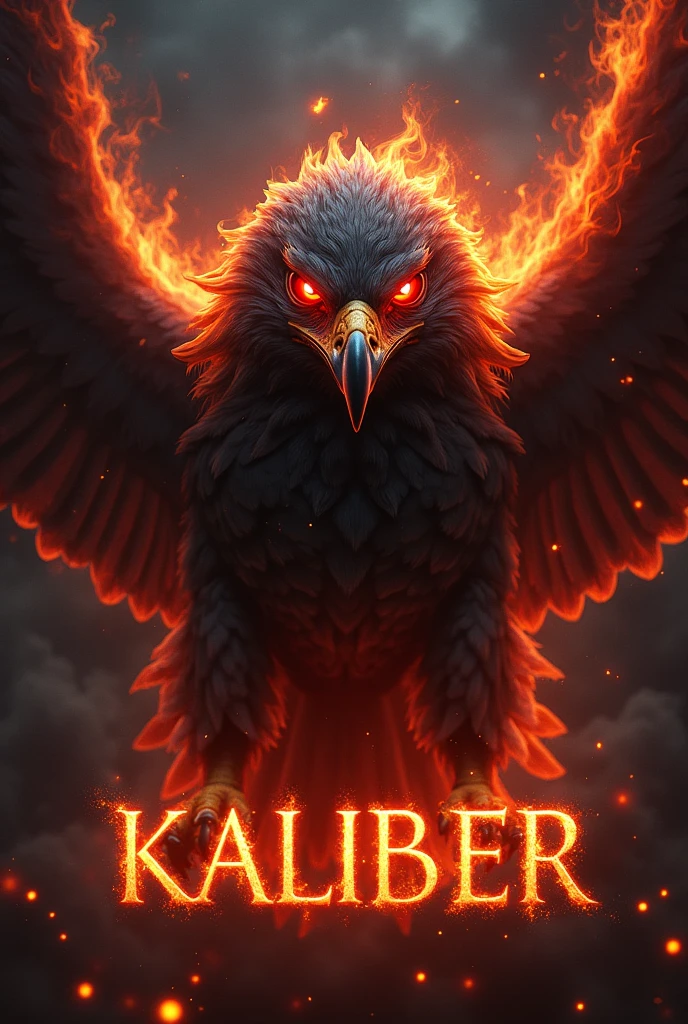 Flaming red eyed hawk on fire with the word kaliber below it