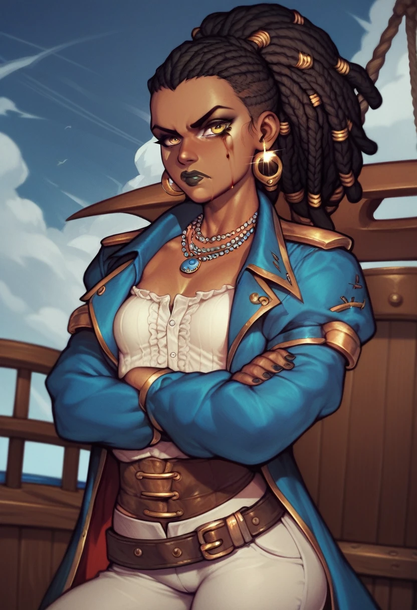 black pirate woman with long dreadlocks tied in a ponytail, black lipstick, yellow eyes clothes covered in blood, small breasts, blue coat, white pants, white oversized shirt, serious face, belts all over her body, stormy weather, dark sky, on ship, hands crossed, badass, golden earrings and necklaces