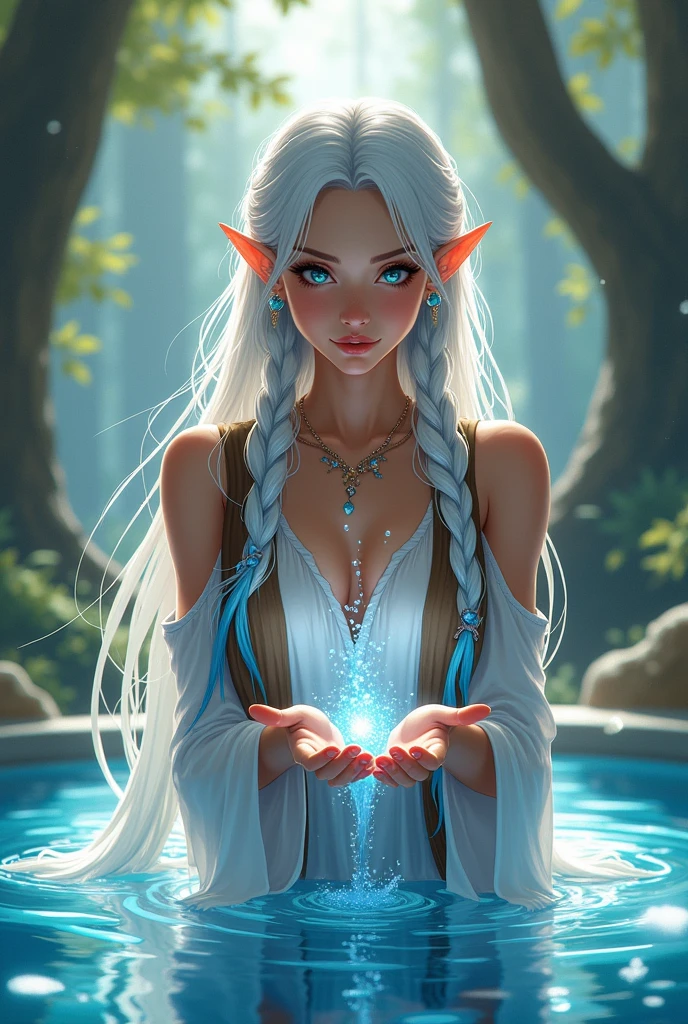 Message: 1girl, elf, beautiful, She has long hair white with blue tones, usually tied in two loose braids with bangs. that reach just past her eyebrows and two longer side bangs that frame his face, His eyes are black with multiple shades blue inside, elf ears, extremely cute and beautiful, (medium breasts), well-formed breasts, ((white hair with blue tones and messy)), ((Long hair)), ((emerald green eyes, perfect and beautiful eyes) Detailed and bright eyes, with emerald green color, ultra detailed, gradient eyes, beautiful finely detailed eyes, symmetrical eyes, ((shiny skin)), luminous and tanned skin, body perfect, perfect abdomen, narrow waist, wide hips, athletic body, legs. beautiful well-formed, delicate fingers and detailed, detailed body, detailed arms, human hands, ((detailed face)), cute, seductive, erotic, beautiful Shiny and revealing clothing, Show skin, ((Under the breast)), (cleavage), (scantily clad), ((Detailed clothing)), solitary focus, face of joy and amazement, creating magic with your hands,concentrated,scale to adjust dimensions, rule of thirds, ((Fantasy landscape, in the forest, in the background fantasy trees, (Best quality), High resolution, Extremely detailed and very high quality illustrations. (extremely detailed), (very fine), flawless, (((Masterpiece))), illustration, vibrant colors, high contrast, selective lighting, Break: ((a beautiful and angelic elf)), ((with a super beautiful and sexy body)), Creating magic with her hands, ((plain white blouse without design)), brown vest, jewelry, earrings, necklace, (collarless blouse), (long navy dress), Break: A beautiful elf watches with joy and amazement as it appears successfully from her hands. a figure made of pure water when saying an incantation and spell.