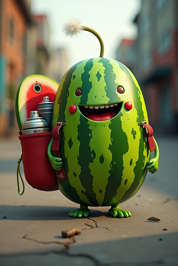Watermelon with arms and with a back pack with it open and with the spray paint we're you can see it with a smile