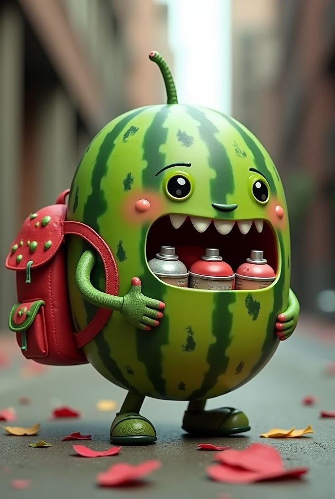 Watermelon with arms and with a back pack with it open and with the spray paint we're you can see it with a smile