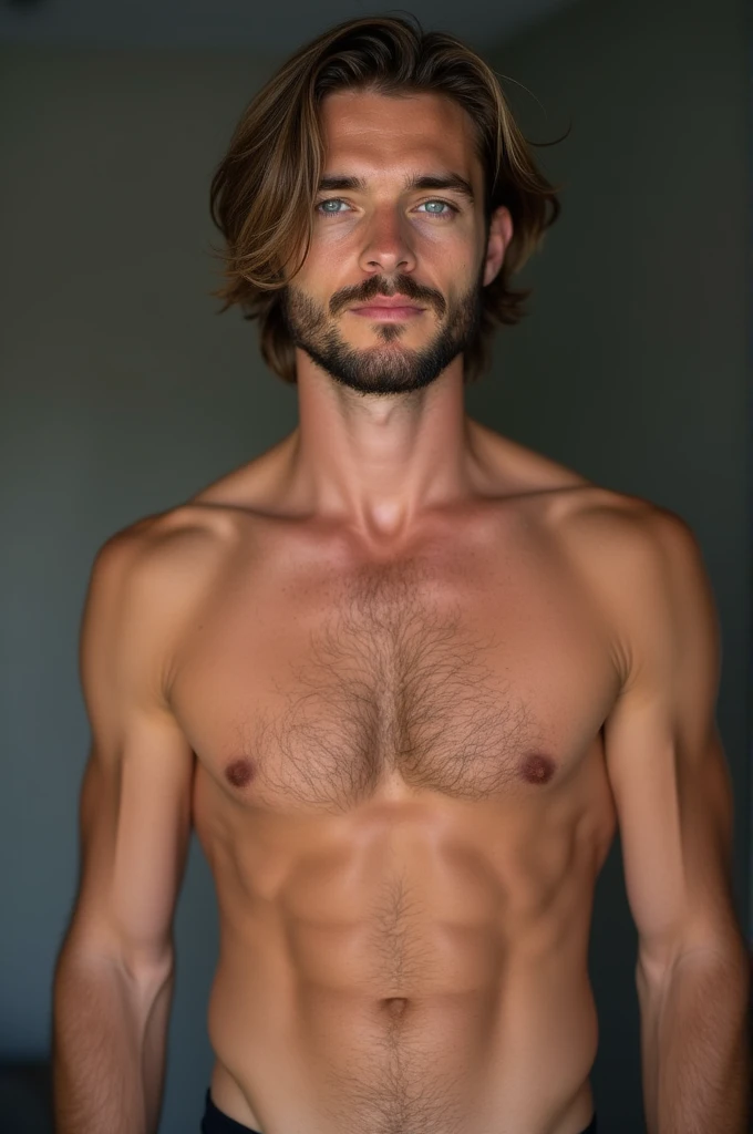 A men with model toned abs, very little beard, semi long hair, cute blue eyes, slim nose, slim lips 