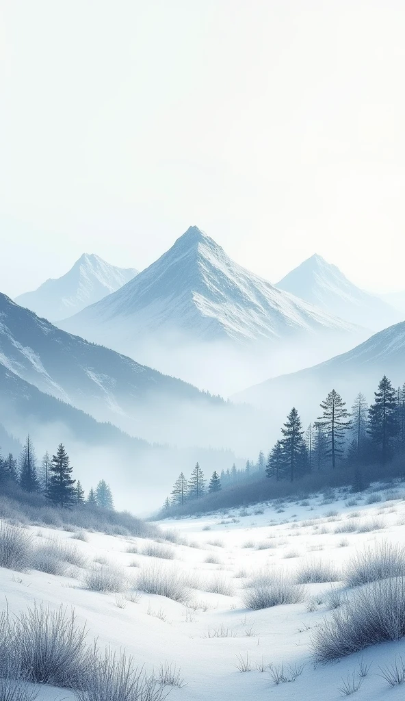 Ink wash style,winter day snowy mountains、grassy fields、(lightning:1.0)、epic composition、Realistic lighting、high definition detail、masterpiece、Best Quality,(Highly detailed 8K unified CG wallpaper)