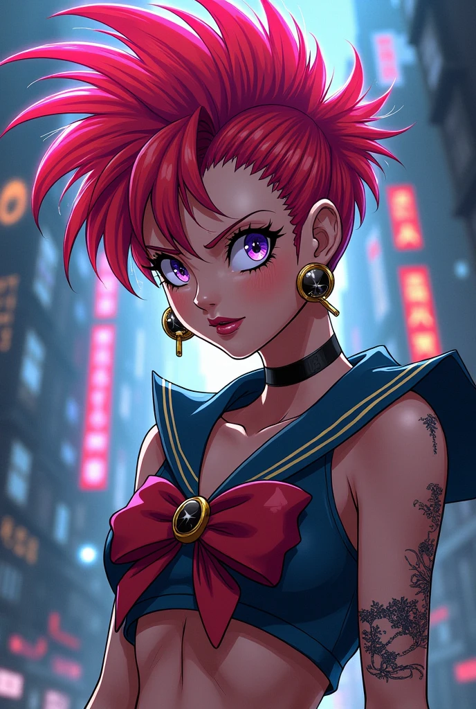 Sailor moon punk, mohawk haircut, anime style.