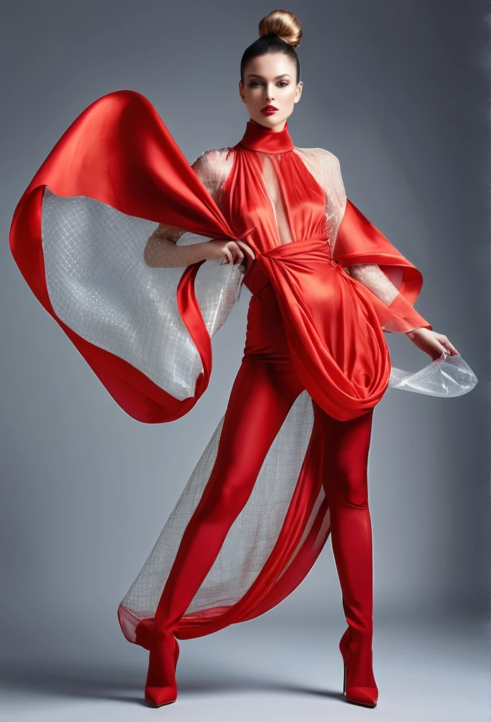 beautiful sexy woman, beautiful avant-garde style, full length , Beautiful red, Silk, transparent, flying clothes ,  Accessories ,Bag,