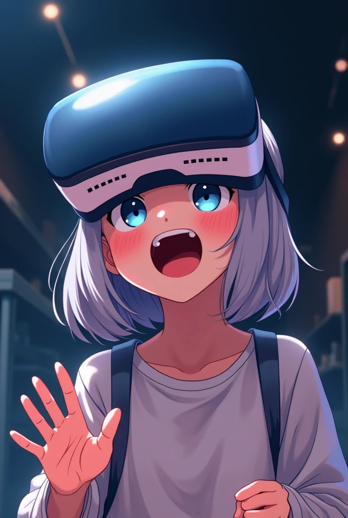 Highest quality、High resolution、Detailed Background、(Beautiful face in every detail:1.4)、Anatomically correct、Normal number of fingers、Highly detailed face、Detailed eyes、10-year-old anime girls、Perfect body line、Light color hair、Braided bob cut、ponytail、well-groomed eyebrows、Extremely excited、
(Excited girl wearing VR goggles in a dark room:1.5)、
His eyes are wide open and he is immersed in the experience inside the goggles.、Mouth slightly open or smiling widely、A part of the body is moving slightly、Your hands are shaking slightly or your body is swaying back and forth、A slight redness on the face and neck due to an increased heart rate、Totally immersed