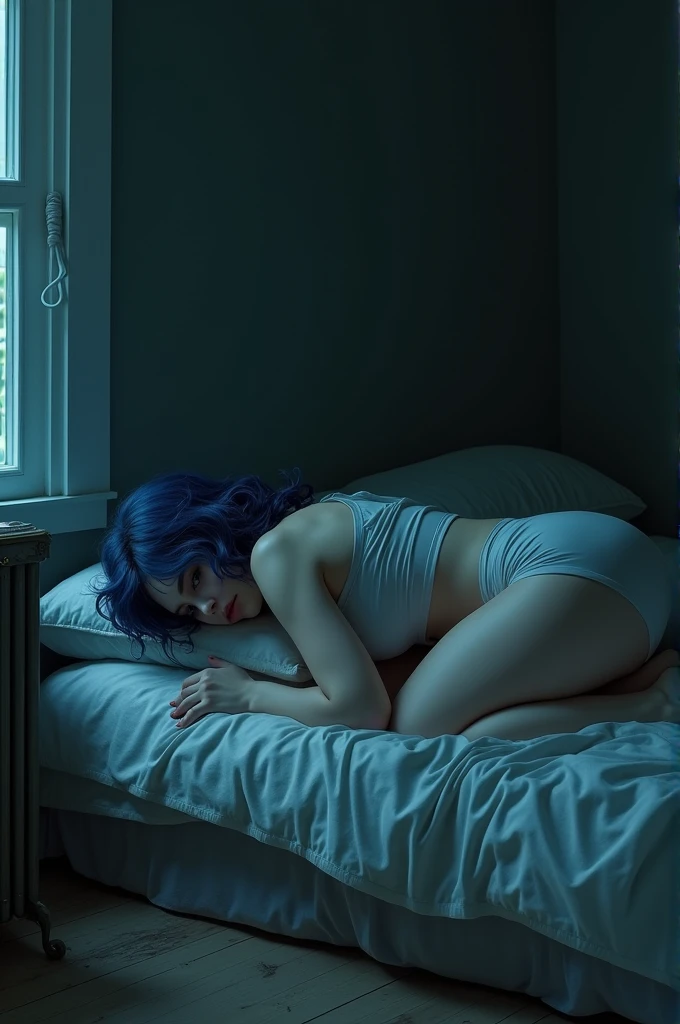 Image of woman with medium length curly messy blue hair, fat and decadent smoking sitting leaning against the wall on a mattress on the floor in the corner of the wall in the vibe of shoegaze in a dark room with her head down, generate with depressive blurry image.