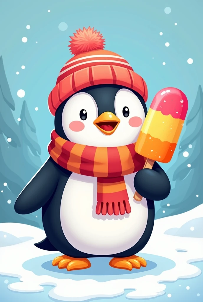 Cartoon penguin in cold weather clothes with popsicle