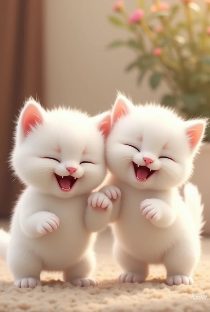 Two cute white kittens laughing happily