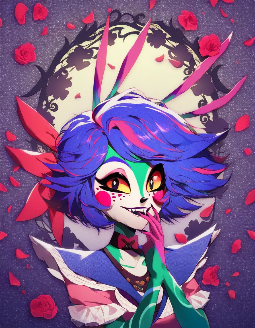 Neeko score_9, score_8_up, score_7_up, source_furry, rating_safe, Cloverdemon, clover face, face de la plante, Yeux de chat, red petals, black petals, Clown, pale skinned, sourire, contenu, suffisant, hazbin hotel style,