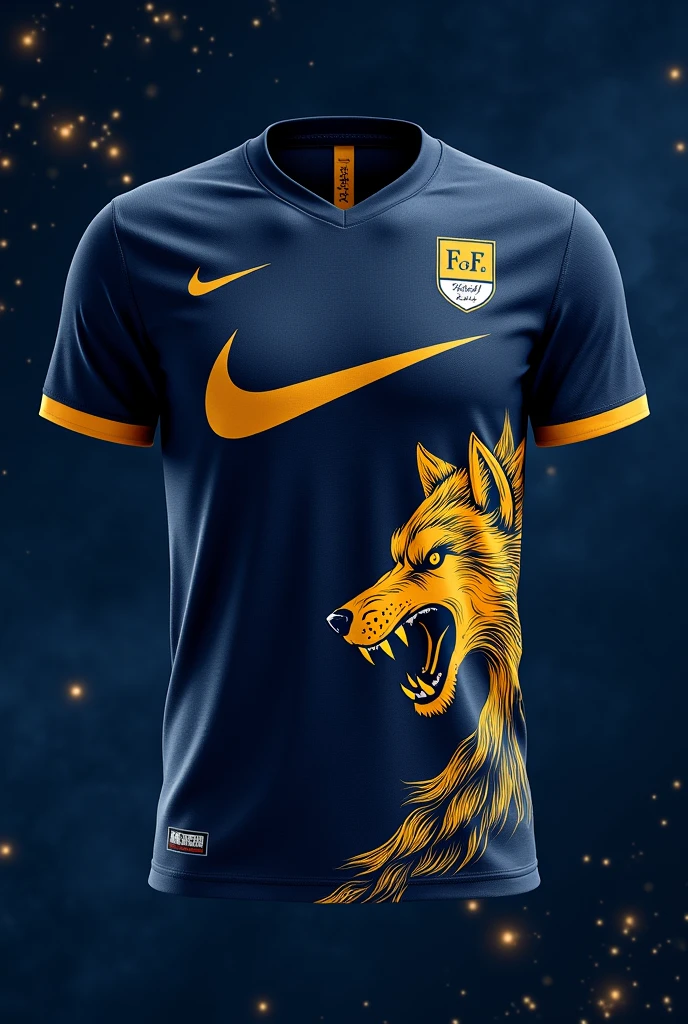 I need a shirt for the interclass with the color navy blue and gold with constellations. This shirt must have Nike's sponsorship in gold. And in the lower right corner of the shirt a fierce wolf showing its navy blue and gold teeth, being golden as predominant.
And on the shield similar to the port, but written FAFC