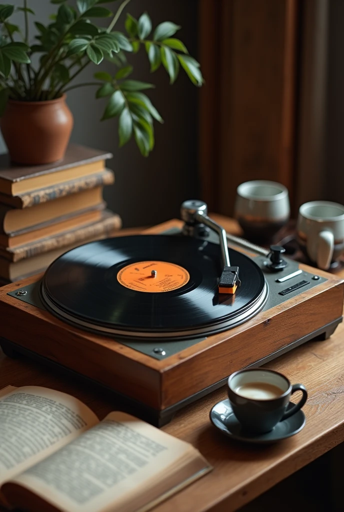 A record player with books and coffee cups on it 
