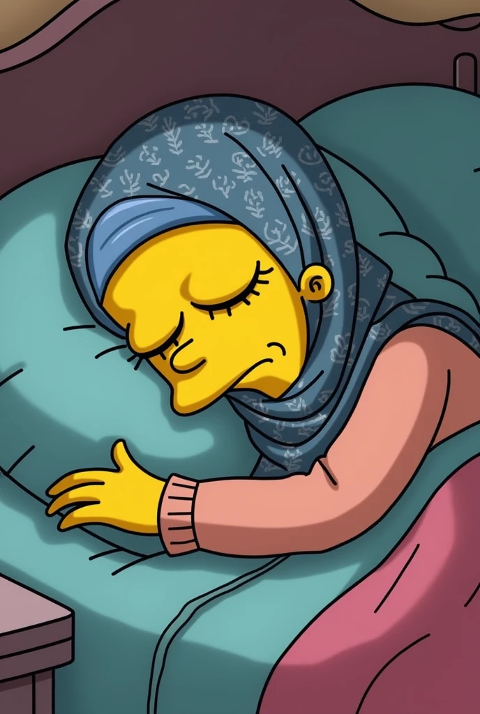 Marge Simpson laying in bed sleeping with a hijab on covering her hair
In the same art design as the simpsons
