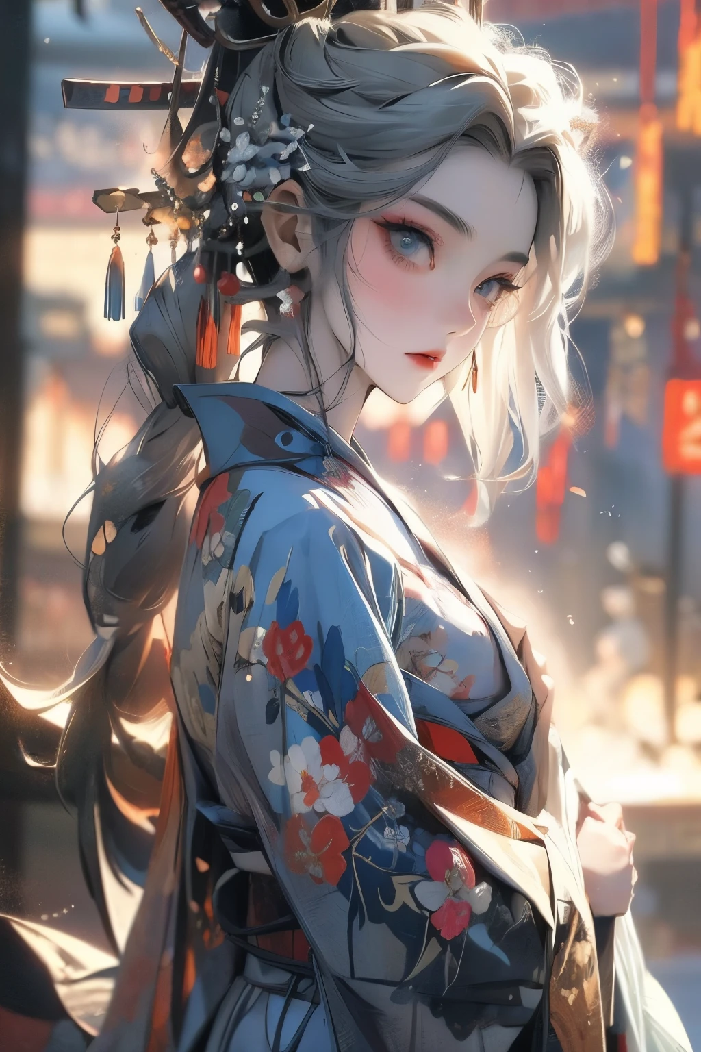 Anime girl, gray hair, blue eyes, sharp features, kimono, katana on her hip, partial makeup