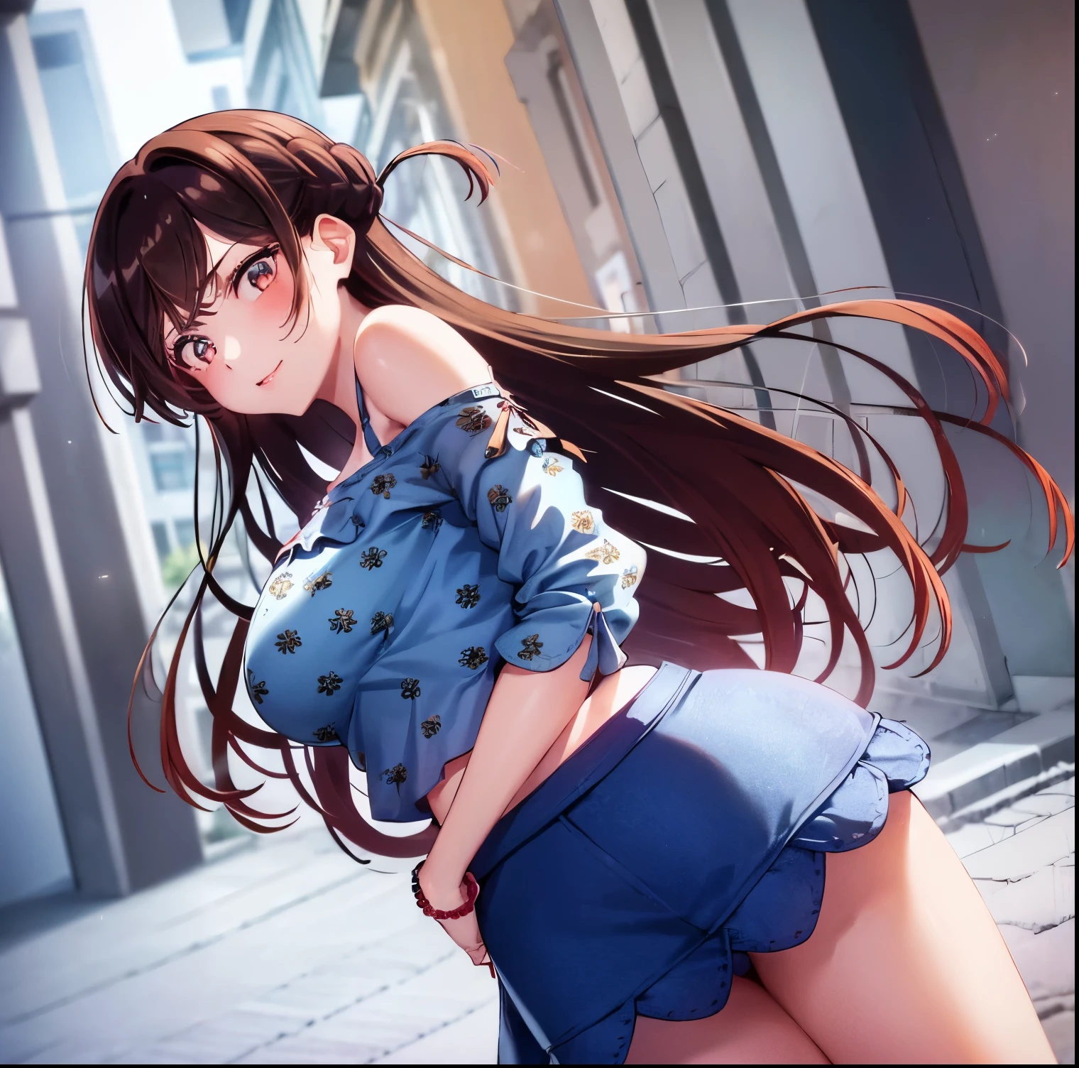 ((1girl)),((alone)),Chizuru Mizuhara, (kanokari),(masterpiece), (best quality), (ultra detailed), (best illustration), (best shadow), (absurdities), sharp focus , cowboy photo, atmospheric perspective, depth of field, dynamic posture looking at the viewer, big breasts, narrow waist, wide hips, wide thighs, round butt, erotic, romantic, (highly detailed eyes, lips 1.1), highly detailed eyes, eyes, Very detailed face, Very pretty face, Symmetrical face, Aesthetic face, perfect face, perfect eyes, detailed eyelashes: 1.5), full height, beautiful slender figure, femininity, expressive appearance, elastic big breasts, sexuality, half-open lips, eyes brown,Long hair, brown hair, braid, one side up, bangs, (( bracelet:1.2)), ((bare shoulders:1.3)), ((blue shirt:1.4)), tight shirt:1.3,(( floral print:1.2)), short sleeves, ((off shoulder shirt:1.3)), ruffles:1.2,(( blue skirt:1.4)), pleated skirt, ((short skirt:1.2)), bare arms, legs naked, black heels: 1.2, hand on hip, curves, defined body, perfect and beautiful body, perfect and beautiful, closed mouth, flirtatious expression, smile, blush, (sexy pose: 1.2), ((solo)), standing : 1.3,( (exterior,cityscape,streets, city,day, sunny,buildings, light reflection,)),looking back,from behind,((focus on rear:1.4)), point of view: ( from below), perfect anatomy, perfect hands