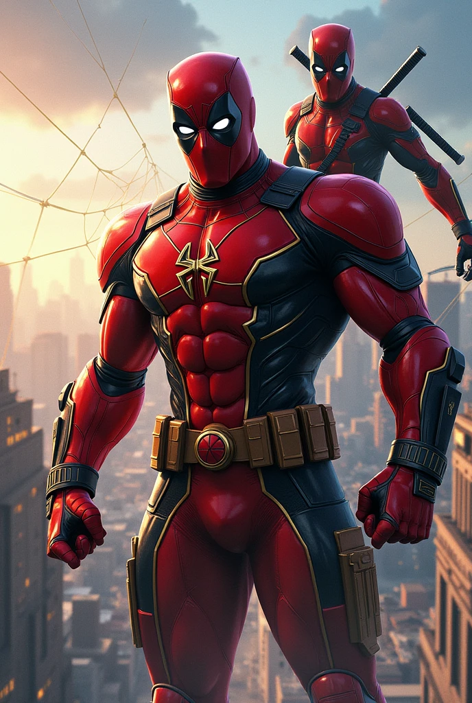 Generate a horizontal image with Airoman and Deadpool in the background where Spider-Man's web is