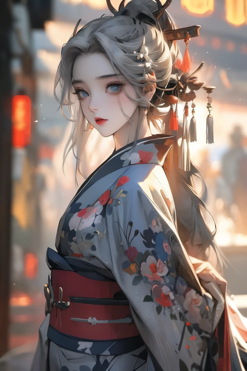 Anime girl, gray hair, blue eyes, sharp features, kimono, katana on her hip, partial makeup