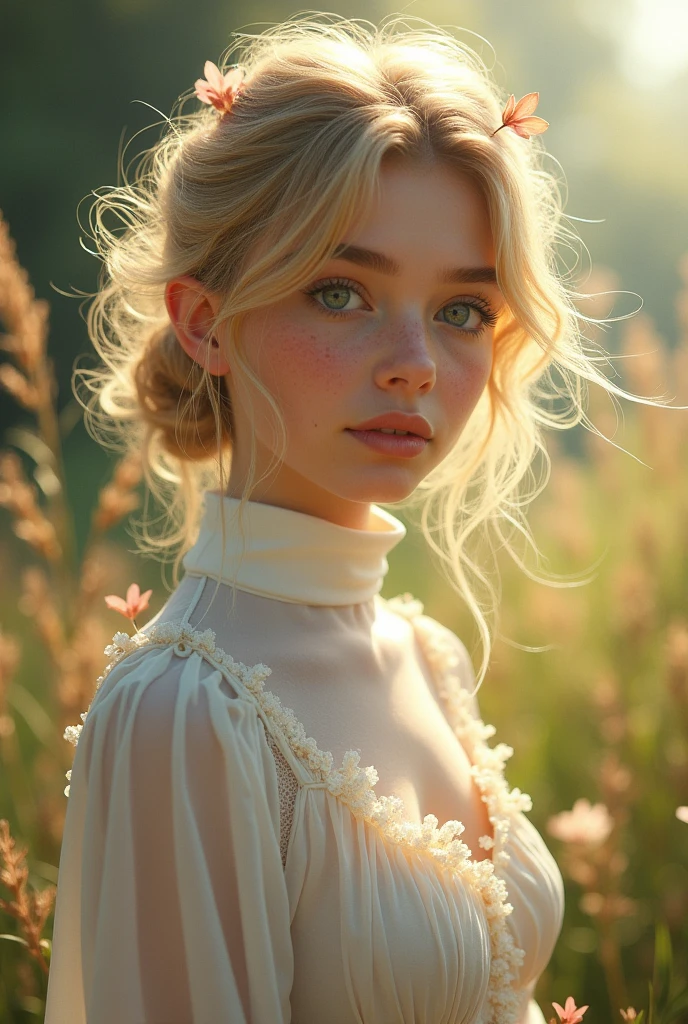 woman, blonde wild tossled hair, (freckles:1.2) , loving, caring, gentle, delicate, adorable , hair flower, white turtleneck , looking at viewer , outdoors, nature, wind, wedding short dress 