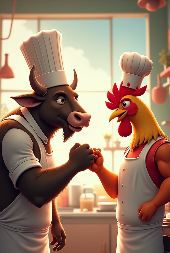Animated image of a muscular buffalo chef with a rooster chef fist bumping in a friendship gesture