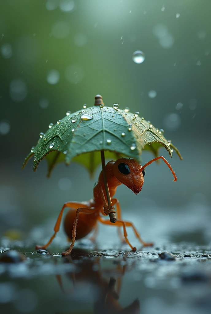 An ant in the rain, protected by an umbrella