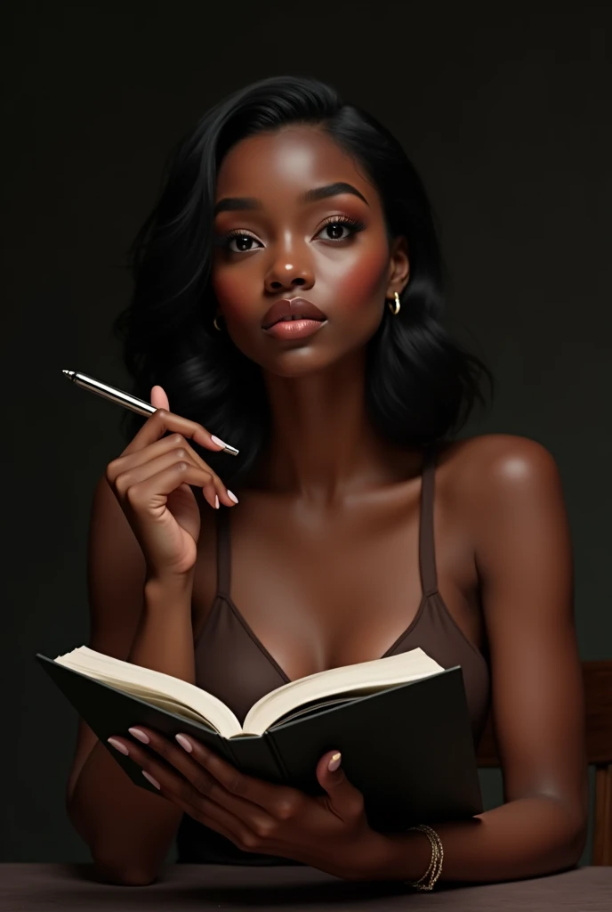 Beautiful black girl, student, holding book and pen, seductive, pose, cute,  low haircut, sexy pose, realistic, high esolution, detailed, black background 