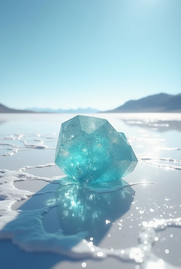 Create an image where the mineral Boron is with the background of the Uyuni salt flat, The mineral has to be as realistic as possible