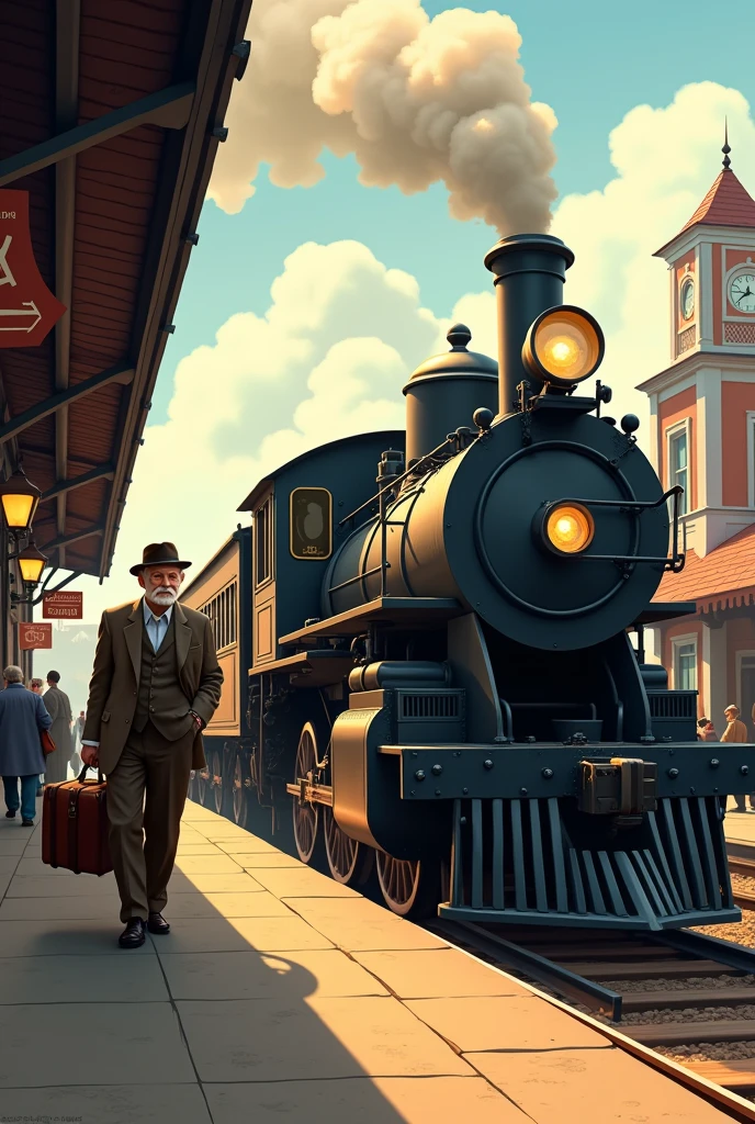 Make a short old man leaving town on an old Disney-style train 