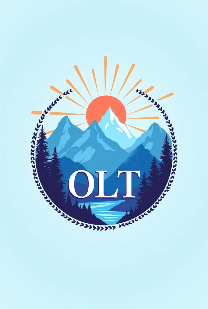 Create a Travel Company Logo, with the initials OLT highlighted, with blue and light purple colors, with the symbol of the sun in the mountains with a circle,with luxurious symbols, more luxurious