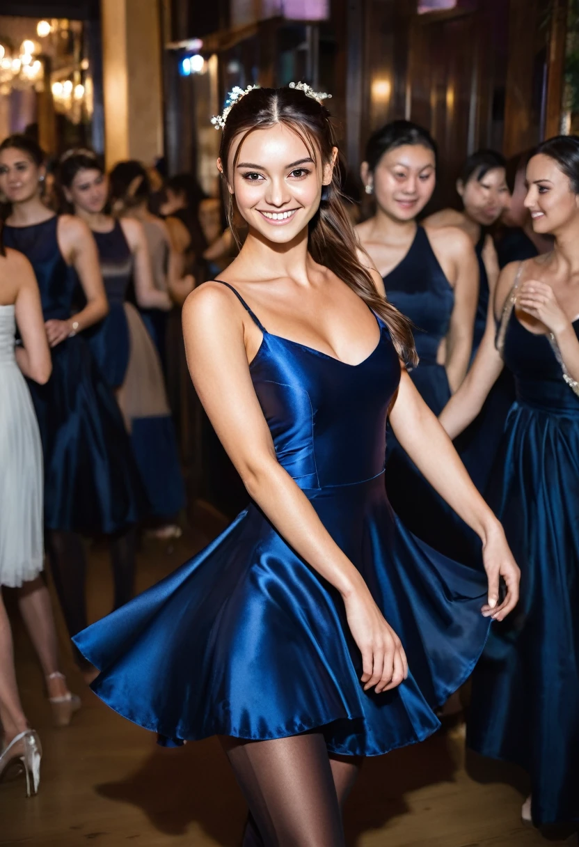  young brunette woman, beautiful brown eyes. long brown hair. ponytail hairstyle, Short A-line strap dress made of shiny dark blue satin, Tights, 项链, transparent lip gloss, narrow building, Pretty, 2, Full body photo, long legs, Satin top, dancing at a party, looks stunning. is enthusiastic. In the background are wedding guests