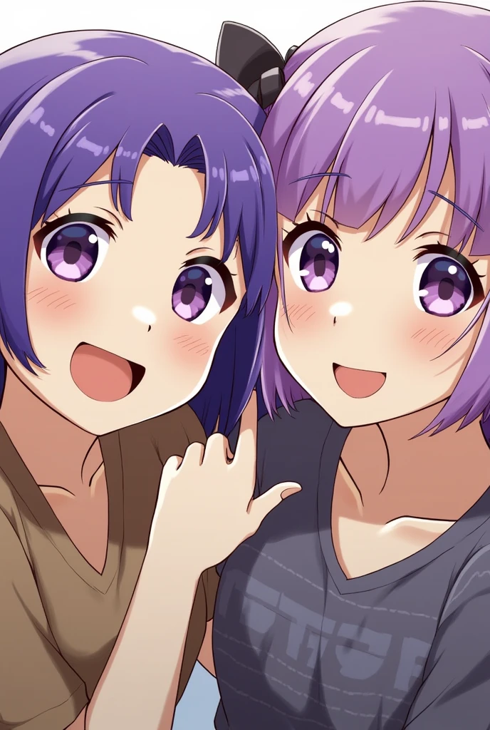 One with purple hair and one with purple hair, they were both happy looking at the camera