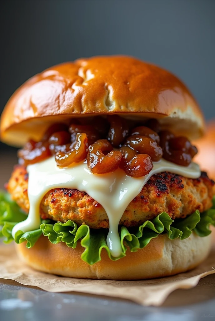 Brioche bread, homemade chicken fillet burger without being breaded, mozzarella cheese and sweet and sour onion, no salad
.