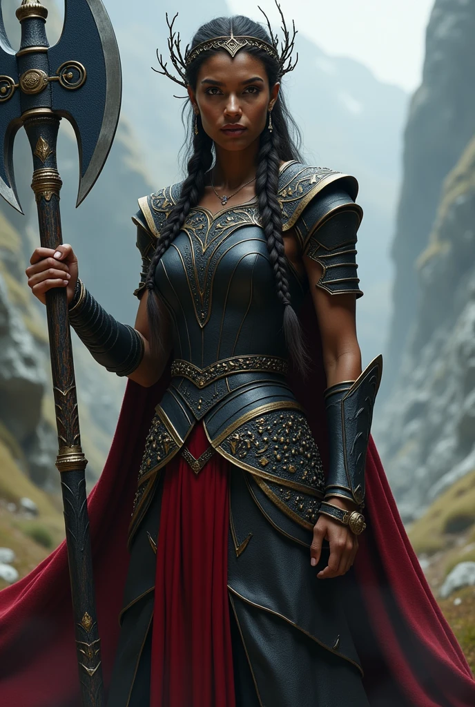 Make a warrior with dark brown skin, She is strong and has a large blue and gold double-edged axe, His armor is heavy and black and red in color., Her hair is tied in a braid and she wears a tiara of branches.  Her name is Galadriel and she is the heir to the throne., and has honor and bravery