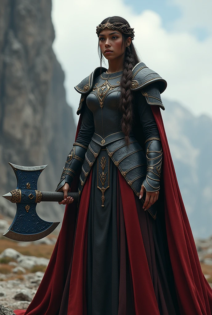 Make a warrior with dark brown skin, She is strong and has a large blue and gold double-edged axe, His armor is heavy and black and red in color., Her hair is tied in a braid and she wears a tiara of branches. Her name is Galadriel and she is the heir to the throne., and has honor and bravery
