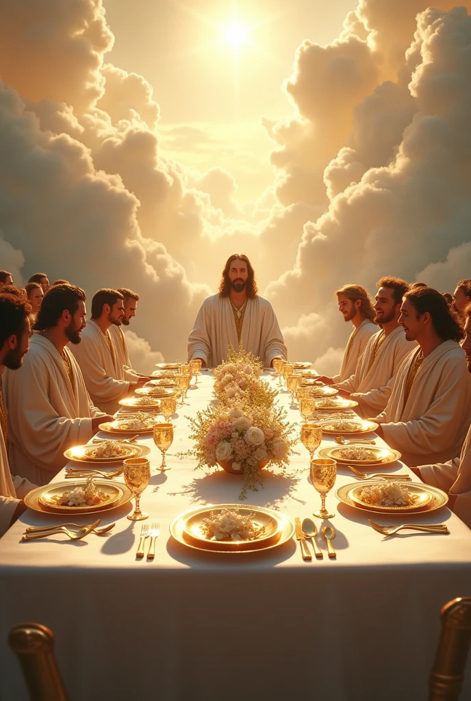 Create an extremely long table with Jesus sitting in the background with a white tablecloth and flower centerpieces, dressed up like for a wedding, with gold plates and cups, and golden chairs and men and women dressed in white robes coming to sit on the chairs among the clouds of the sky