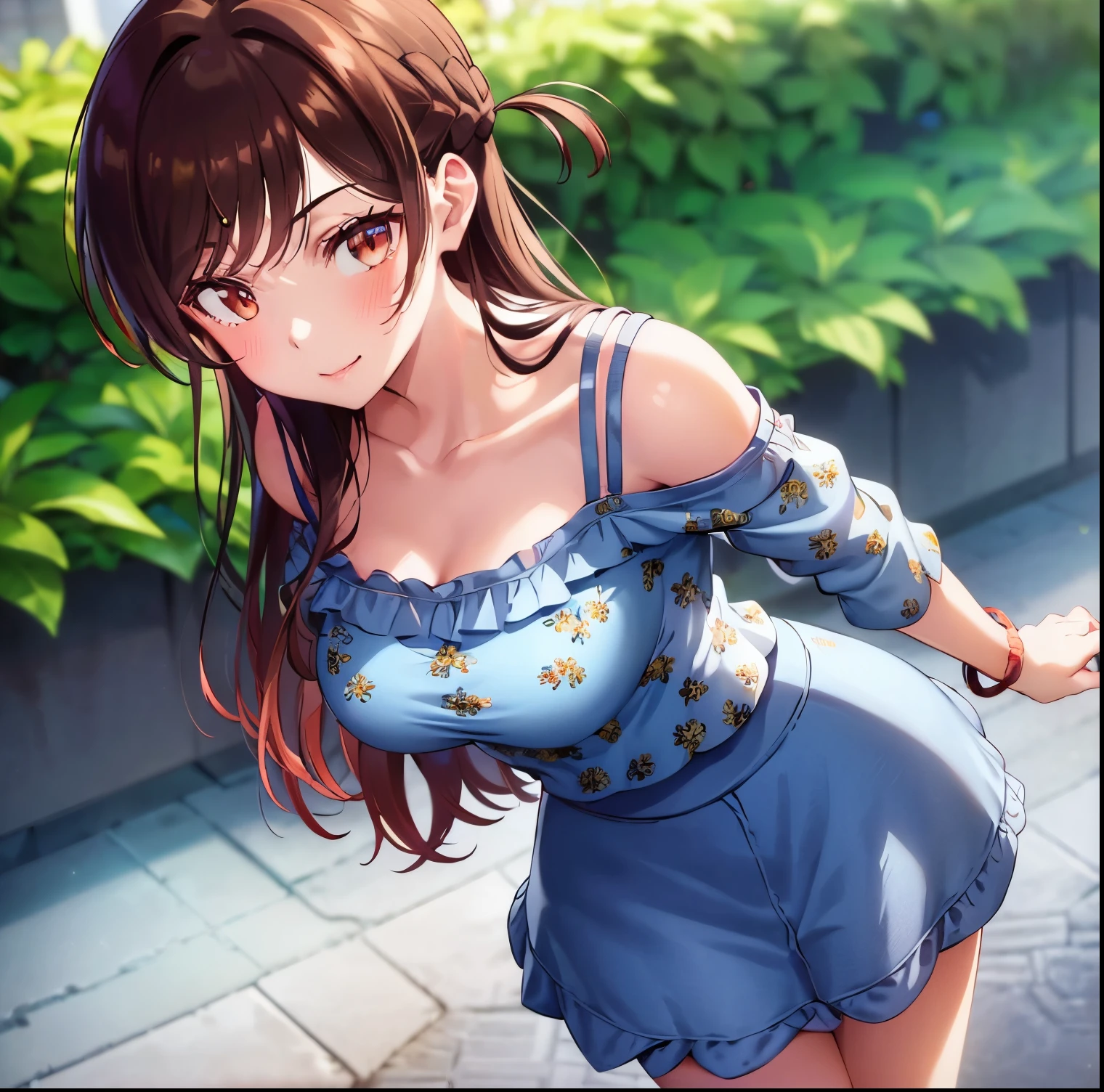 ((1girl)),((alone)),Chizuru Mizuhara, (kanokari),(masterpiece), (best quality), (ultra detailed), (best illustration), (best shadow), (absurdities), sharp focus , cowboy photo, atmospheric perspective, depth of field, dynamic posture looking at the viewer, big breasts, narrow waist, wide hips, wide thighs, round butt, erotic, romantic, (highly detailed eyes, lips 1.1), highly detailed eyes, eyes, Very detailed face, Very pretty face, Symmetrical face, Aesthetic face, perfect face, perfect eyes, detailed eyelashes: 1.5), full height, beautiful slender figure, femininity, expressive appearance, elastic big breasts, sexuality, half-open lips, eyes brown,Long hair, brown hair, braid, one side up, bangs, (( bracelet:1.2)), ((bare shoulders:1.3)), ((blue shirt:1.4)), tight shirt:1.3,(( floral print:1.2)), short sleeves, ((off shoulder shirt:1.3)), ruffles:1.2,(( blue skirt:1.4)), pleated skirt, ((short skirt:1.2)), bare arms, legs naked, black heels: 1.2, hand on hip, curves, defined body, perfect and beautiful body, perfect and beautiful, closed mouth, flirtatious expression, smile, blush, (sexy pose: 1.2), ((solo)), standing : 1.3,( (exterior,cityscape,streets, city,day, sunny,buildings, light reflection,)),looking forward,((focus on breasts:1.4)), point of view: (from above ), perfect anatomy, perfect hands