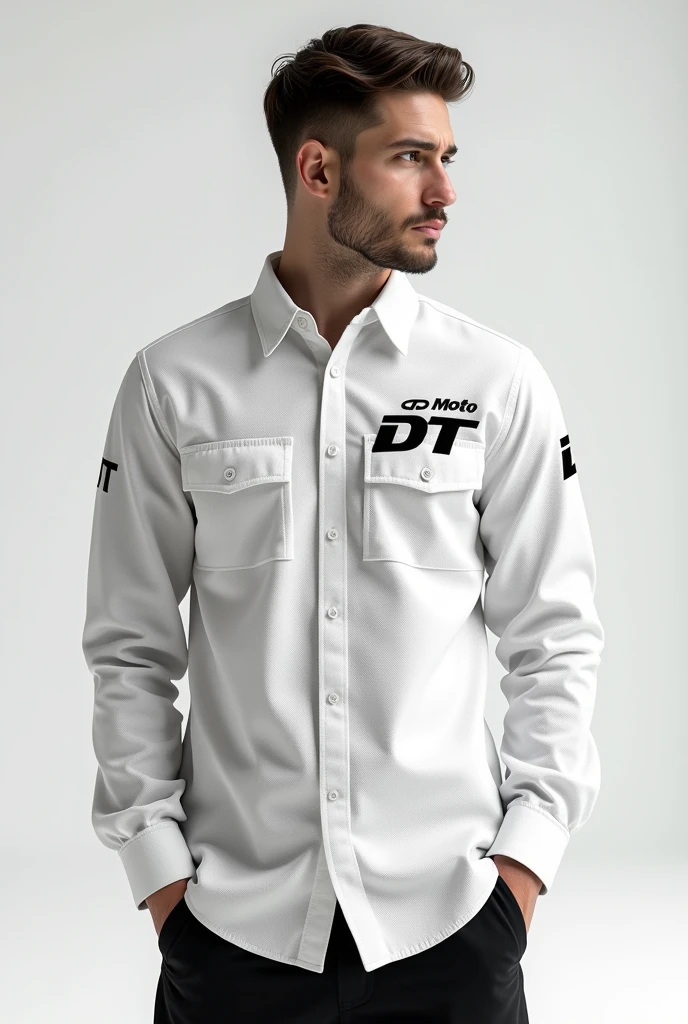 White flannel model with DT moto logos