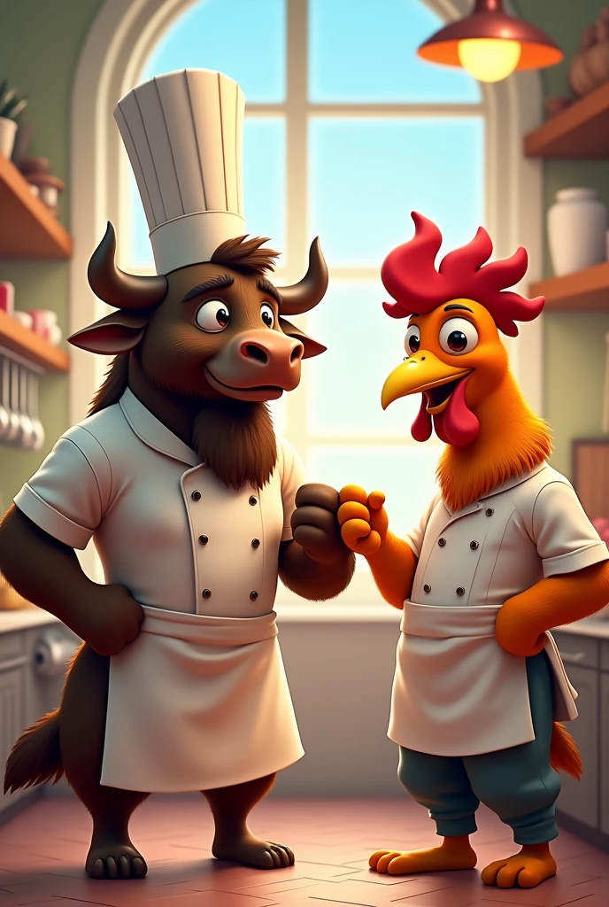 Animated image of a muscular buffalo chef with a rooster chef fist bumping in a friendship gesture