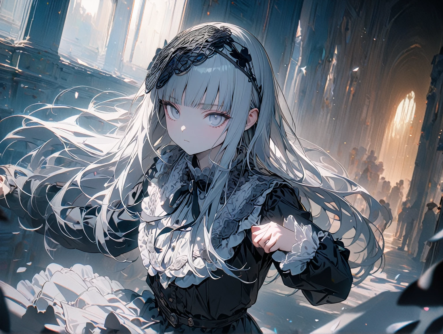 (8k, best quality, master piece: 1.2), super high resolution,1 girl,solo,16yo,ultra-detailed face,detailed eyes,silver eyes,blunt bangs,silver hair,Straight Hair,Long Hair,pale skin,long sleeve petal collar blouse,black Fascinator,Tiered skirt,expressionless,Surrounded by bodyguards