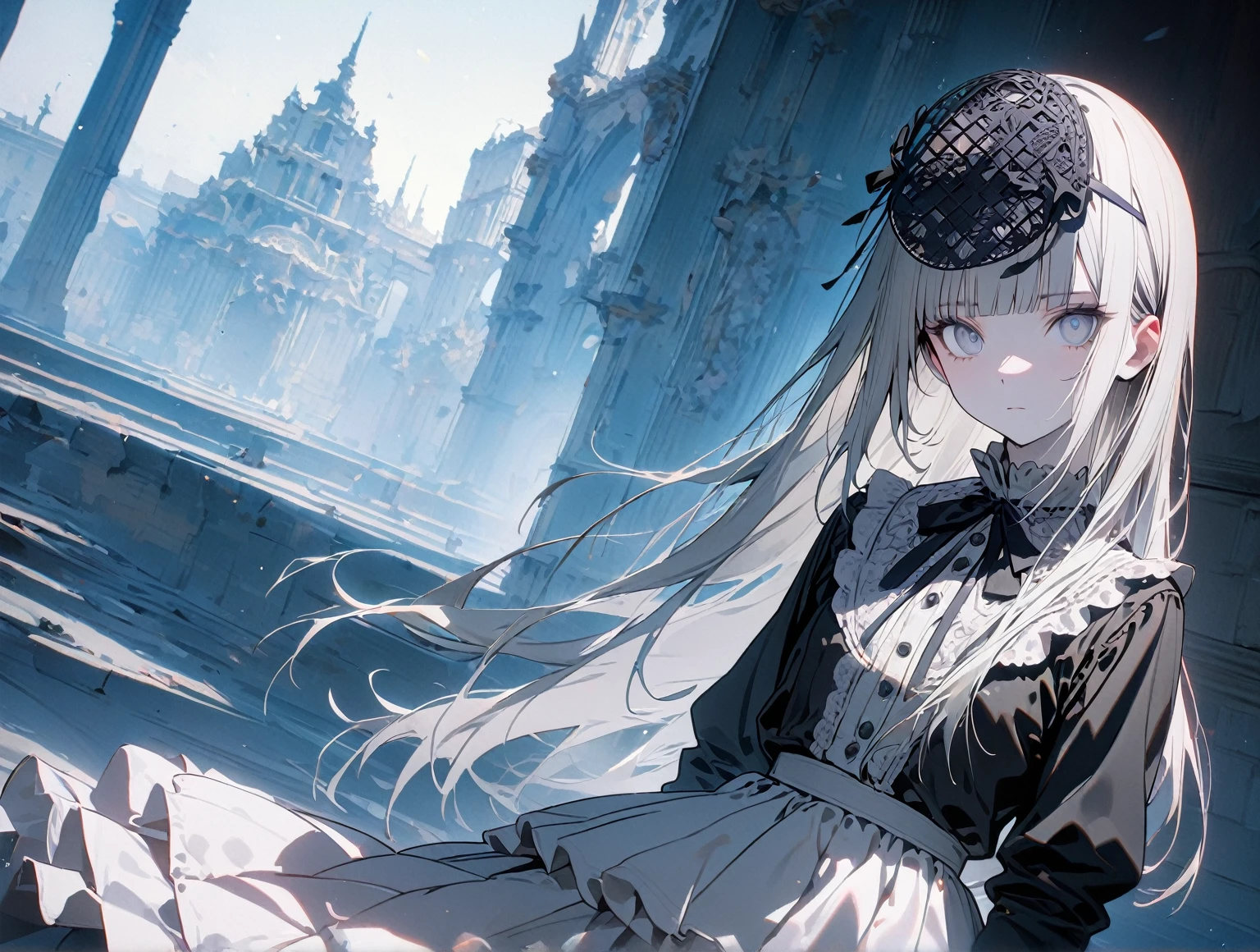 (8k, best quality, master piece: 1.2), super high resolution,1 girl,solo,16yo,ultra-detailed face,detailed eyes,silver eyes,blunt bangs,silver hair,Straight Hair,Long Hair,pale skin,long sleeve petal collar blouse,black Fascinator,Tiered skirt,expressionless,Surrounded by bodyguards